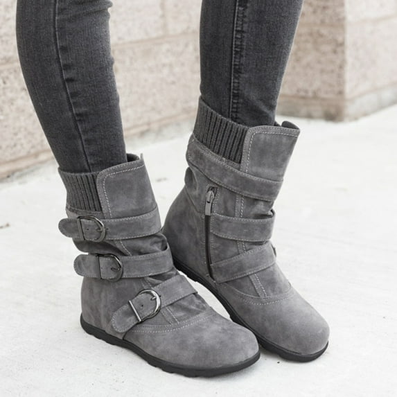 Fesfesfes Chelsea Boots Women Suede Round Toe Zipper Flat Pure Color Buckle Strap Keep Warm Snow 8(39)
