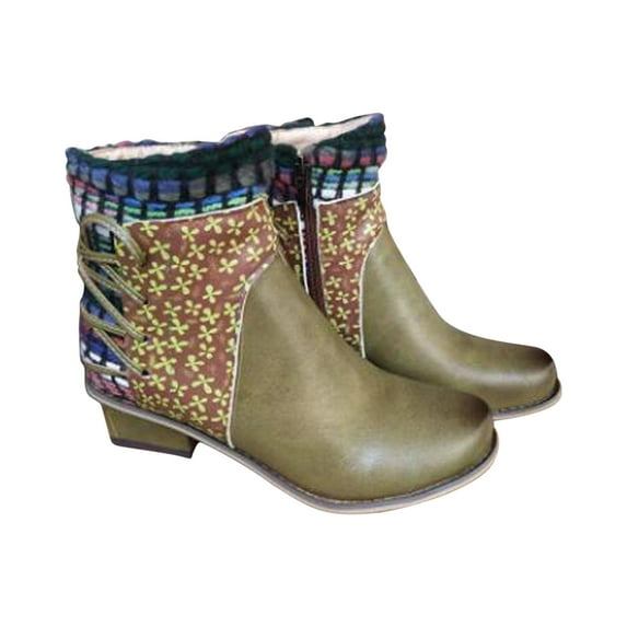 Fesfesfes Chelsea Boots for Teen Girls Oversized Short Winter Thick Ethnic Style Low Heels Multi-color Roman Boots 4.5(35)