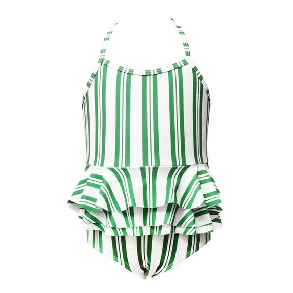 Fesfesfes Child Girls Swimsuit Stripe Print Halter Neck Monokini Ruffle Splicing Swimwear GirlsSummer Holiday One-Piece Bathingsuit