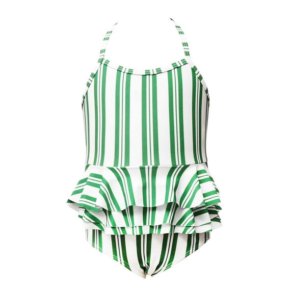 Fesfesfes Child Girls Swimsuit Stripe Print Halter Neck Monokini Ruffle Splicing Swimwear GirlsSummer Holiday One-Piece Bathingsuit