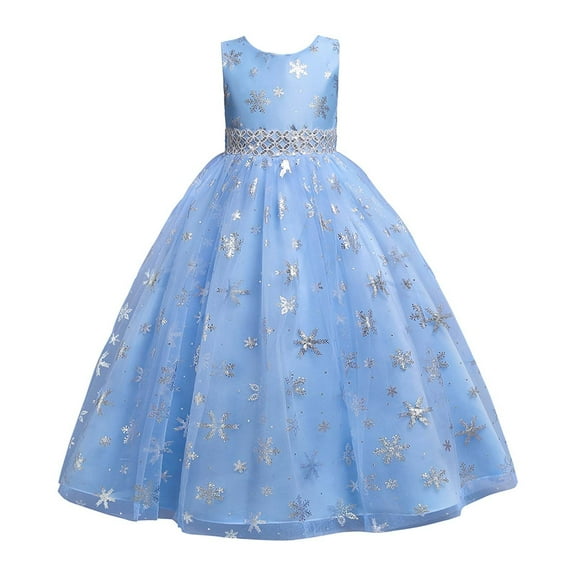 Fesfesfes Children Dress Girl Sleeveless Princess Dress Snowflake Pattern Printed Net Yarn Long Dress Elegant Dress Spring