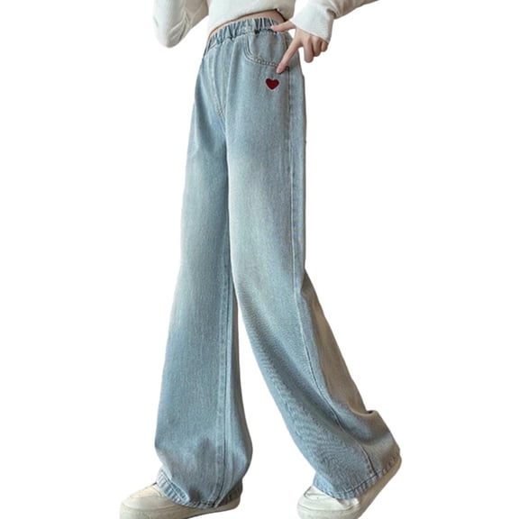 Fesfesfes Children Girls Embroidered Heart Print Casual Jeans Straight Wide Leg Loose Fit Denim Pants for Daily Wear Travel and Play Comfortable Soft Breathable Fashion Outerwear(Blue#3,6-7 Years)