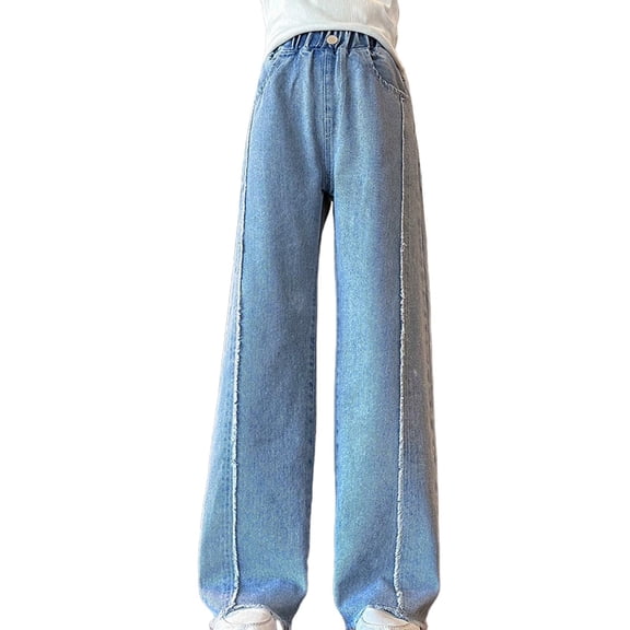 Fesfesfes Children Girls Embroidered Heart Print Casual Jeans Straight Wide Leg Loose Fit Denim Pants for Daily Wear Travel and Play Soft Breathable Fashion Outerwear(Blue#2,14-15 Years)