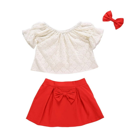 Fesfesfes Children Girls Puff Sleeve Lace Tops Skirt Bowknot Hairpin 3pcs Kids Clothe Suit Spring Sale