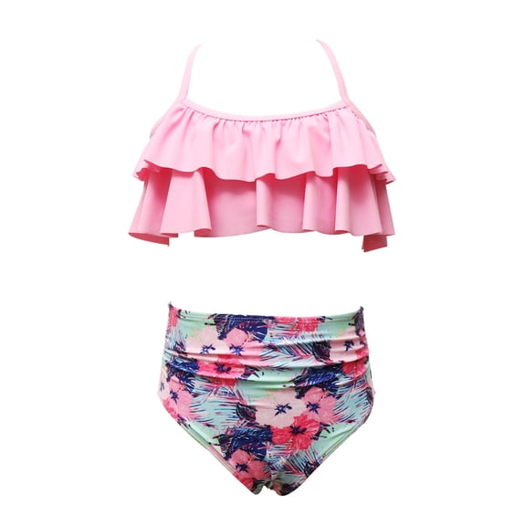 Fesfesfes Children Girls Swimwear Kids Ruched Strap Swimsuit Leopard Print Slanted Shoulder Swimwear Swimdress Two-Pieces Bathing Suits