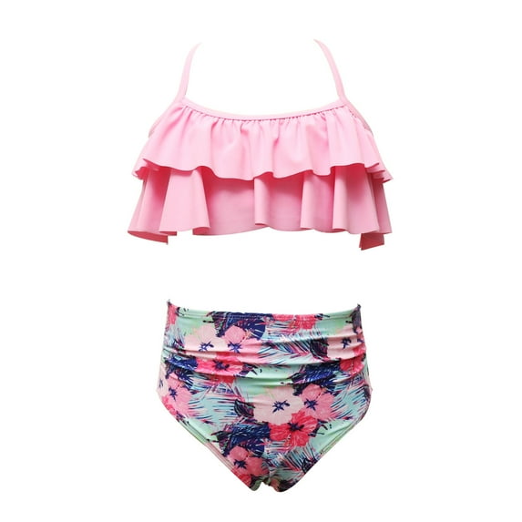 Fesfesfes Children Girls Swimwear Kids Ruched Strap Swimsuit Leopard Print Slanted Shoulder Swimwear Swimdress Two-Pieces Bathing Suits