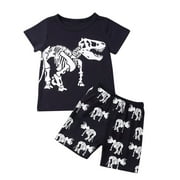 Fesfesfes Children Kids Boys Cartoon Dinosaur Print Tops T-shirt+Shorts Pajamas Outfit Set