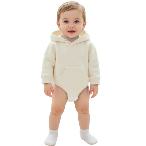Fesfesfes Children's Baby's Open-crotch Winter Solid-color Hooded Romper Sweatshirt with Pocket Soft and Comfortable Jumpsuits(Beige#1,3-6 Months)