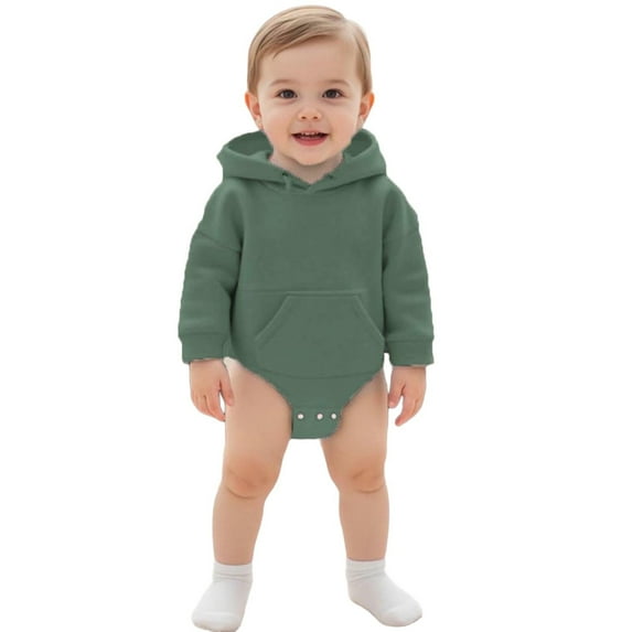 Fesfesfes Children's Baby's Open-crotch Winter Solid-color Hooded Romper Sweatshirt with Pocket Soft and Comfortable Jumpsuits(Green#1,0-3 Months)