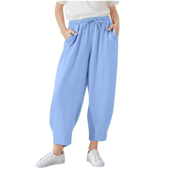 Fesfesfes Children's Baggy Trousers Solid Color Elastic Drawstring Waist Harun Ankle-Cuffed Pants with Pockets Casual Summer Outdoor Pants(Blue,11 Years)