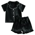 thumbnail image 1 of Fesfesfes Children's Cute Pajama Set Lapel Button Cardigan Tie Ruffle Shorts and Round Neck Top,2 Piece Summer Outfits for Toddlers,Breathable Home Nightwear Clothing Sets(Black,4-5 Years), 1 of 3