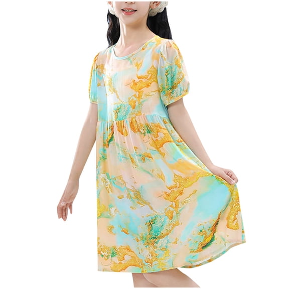 Fesfesfes Children's Floral Dress Short Sleeve Round Neck Breathable Princess Dress, Knee-Length Summer Casual Dress for Girls, School Recital and Playwear(Yellow#1,7 Years)