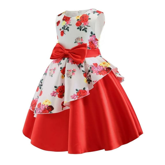 Fesfesfes Children's Girl Dress Irregular Hemline Princess Skirt Printed Dress Kids Girls Bow Performance Suit Spring