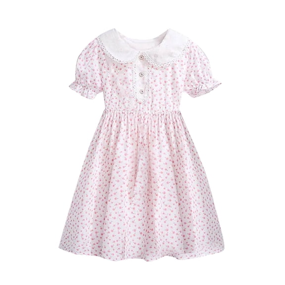 Fesfesfes Children's Retro Solid Color Lapel Dress Short Sleeve Midi Summer Princess Dress,Stylish Casual Holiday Outfit with Vintage Collar,Lightweight Playwear Dresses(Pink#2,6 Years)