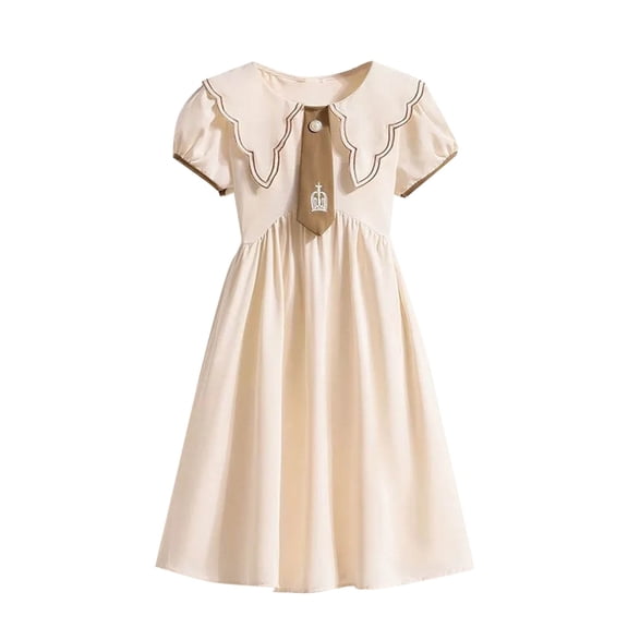 Fesfesfes Children's Retro Solid Color Lapel Dress Short Sleeve Midi Summer Princess Dress,Stylish Casual Holiday Outfit with Vintage Collar,Lightweight Playwear Dresses(Beige,12 Years)