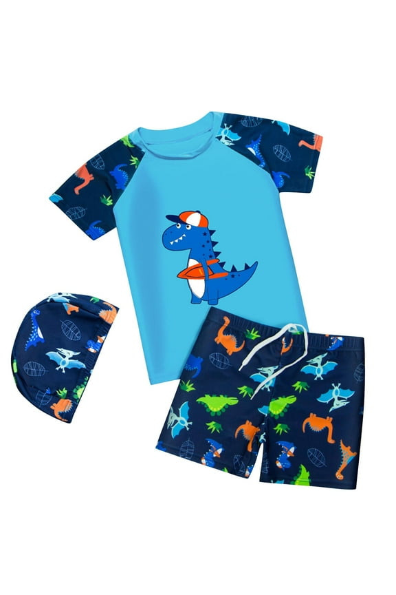 Kids Boys 3-Piece Swimsuit Trunk Rashguard Set Sun Hat Short Sleeve Swimwear Bathing Suit Sunsuit Swim Shirt 9-11 Years(Blue#1,7 Years)