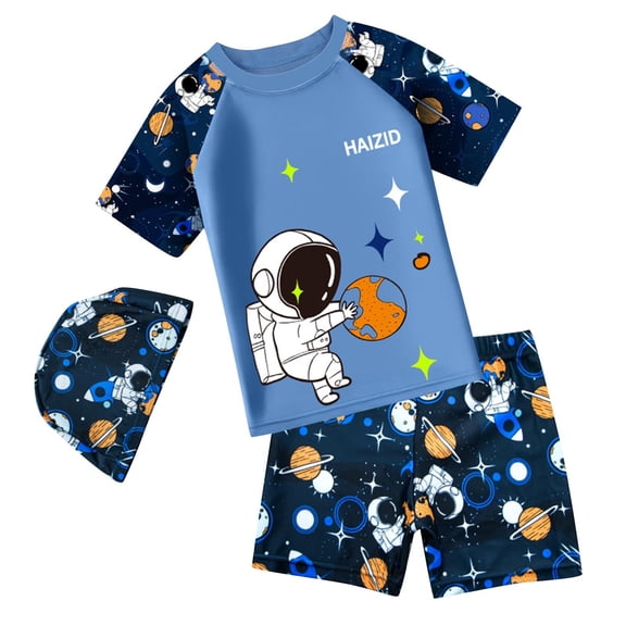 Fesfesfes Kids Boys 3-Piece Swimsuit Trunk Rashguard Set Sun Hat Short Sleeve Swimwear Bathing Suit Sunsuit Swim Shirt 9-11 Years(Blue#2,4 Years)