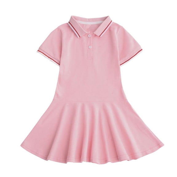 Fesfesfes Children's Solid Color Collar Short Sleeve Casual Dress Summer Daily Wear Dresses with Crew Neck,Lightweight Playwear for Girls(Pink,2 Years)