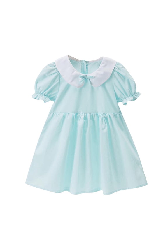 Children's Solid Color Lapel Dress Girls Short Sleeve Round Neck Summer Casual Dress,Lightweight Breathable Playwear Dresses for Girls,Fashionable A-Line Design(Blue,3 Years)