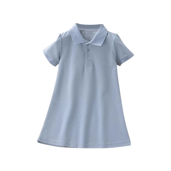 Fesfesfes Children's Summer Collar Dress Solid Color Short Sleeve Casual Stretch Dresses,Round Neck Everyday Playwear,Knee-Length School Outfits for Girls(Blue,3 Years)