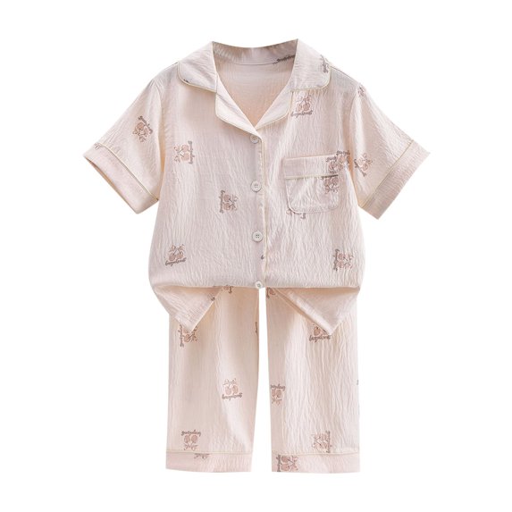 Fesfesfes Children's Summer Pajama Set Printed Short Sleeve Lapel Sleepwear,Comfortable 2-Piece Nightclothes,Soft and Breathable for Boys Girls Home or Travel(Multicolor#1,5-6 Years)