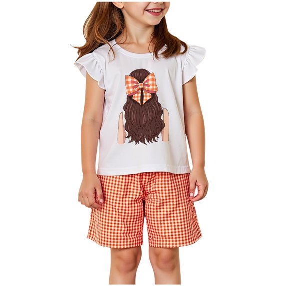 Fesfesfes Children's Summer Sport 2 Piece Set Girls Round Neck Blouse and Casual Shorts,Lightweight Breathable Outfits for Play,Beach,or School(Orange,7 Years)