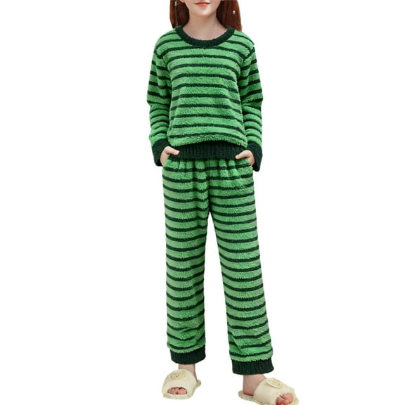 Fesfesfes Childrens 2 Piece Set Girls Long Sleeve Round Neck Pullover Top and Elastic Waist Pants Casual Fleece Lined Winter Outfit Warm Soft Comfy Playwear(Green#2,1-2 Years)
