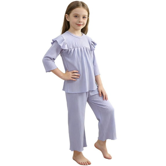 Fesfesfes Childrens Bow Set Ruffle Bell Bottoms Two Piece Outfit Long Sleeve Shirt Top and Pants Comfortable Soft Casual Party Wear for Girls(Purple,3-4 Years)