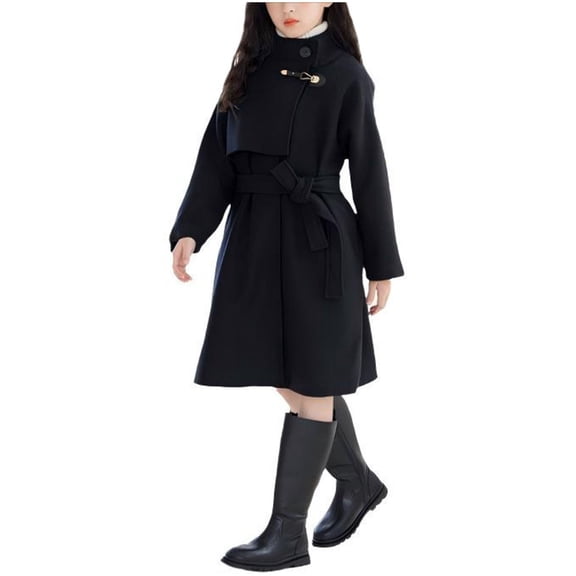Fesfesfes Childrens Button Wool Blend Coat Mid Size Cardigan Mid Length Casual Winter Warm Jacket with Pockets Long Sleeve No Hood Outerwear(Black,11 Years)