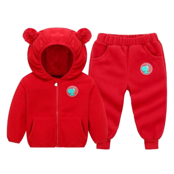 Fesfesfes Childrens Fleece Hooded Jacket and Pants 2 Piece Set Boys Girls Fall Winter Outfit Soft Warm Casual Playwear Kids Coordinated Set Toddler Homewear Cold Weather Clothes(Red,5 Years)