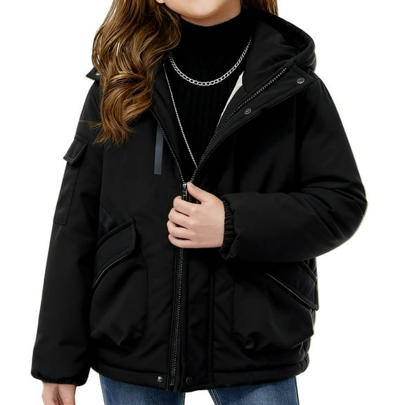Fesfesfes Childrens Hooded Puffer Coat Mid Length Jacket with Pockets Warm Thickened Winter Coat for Boys and Girls Soft Breathable Fabric Casual Outerwear for Cold Weather(Black,7-8 Years)