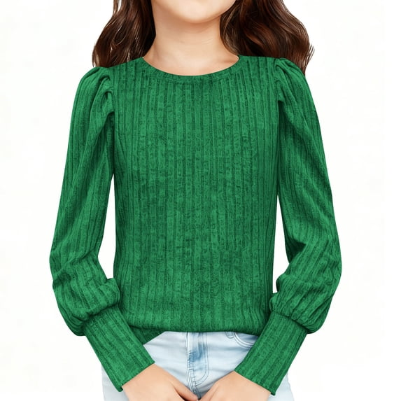 Fesfesfes Childrens Long Sleeve Round Neck Blouse Top Soft Comfy Casual Everyday Wear Solid Color Pullover Shirt for Girls Kids Youth 5 to 14 Years(Green,7 Years)