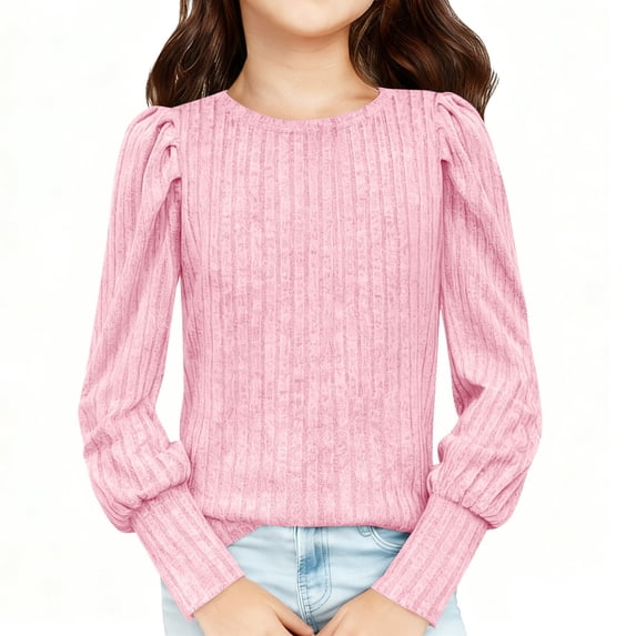 Fesfesfes Childrens Long Sleeve Round Neck Blouse Top Soft Comfy Casual Everyday Wear Solid Color Pullover Shirt for Girls Kids Youth 5 to 14 Years(Yellow,13 Years)