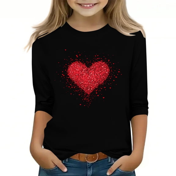 Fesfesfes Childrens Printed Three Quarter Sleeve Round Neck Shirt Top Girls Valentine Casual Everyday Play Graphic Tee Soft Comfortable Basic Tops for Kids Toddler Youth(Black#6,7-8 Years)