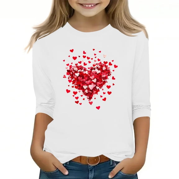 Fesfesfes Childrens Printed Three Quarter Sleeve Round Neck Shirt Top Girls Valentine Casual Everyday Play Graphic Tee Soft Comfortable Basic Tops for Kids Toddler Youth(White#2,5-6 Years)
