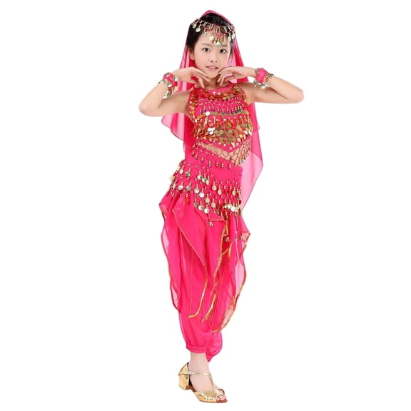 Fesfesfes Childrens Sleeveless Dance Clothes Set Girls Dance Outfit Glitter Leotard Top and Flared Long Pants Headband for Stage Show Party Play(Hot Pink#2,5-7 Years)