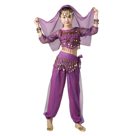 Fesfesfes Childrens Sleeveless Dance Clothes Set Girls Dance Outfit Glitter Leotard Top and Flared Long Pants Headband for Stage Show Party Play(Purple#3,5-7 Years)