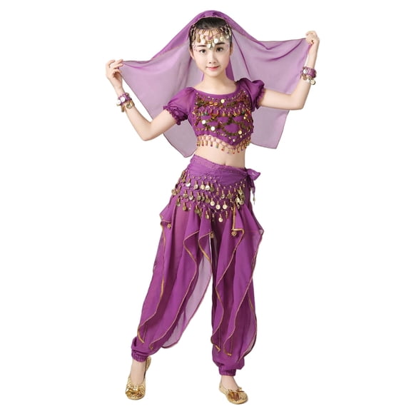 Fesfesfes Childrens Sleeveless Dance Clothes Set Girls Dance Outfit Glitter Leotard Top and Flared Long Pants Headband for Stage Show Party Play(Purple#4,5-7 Years)