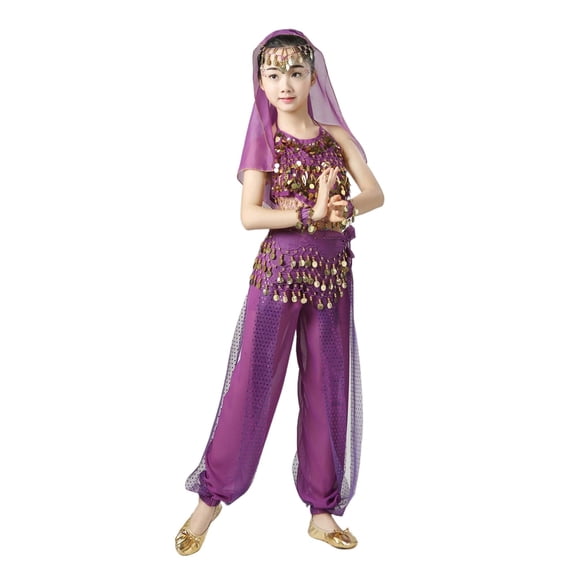 Fesfesfes Childrens Sleeveless Dance Clothes Set Girls Dance Outfit Glitter Leotard Top and Flared Long Pants Headband for Stage Show Party Play(Purple,5-7 Years)