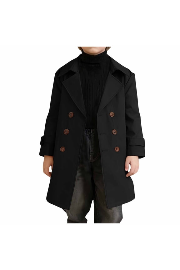 Childrens Solid Color Button Up Windbreaker Casual Big Boys Coat with Pockets Mid Length Jacket Lightweight Long Sleeve Outerwear for Kids(Black,9 Years)
