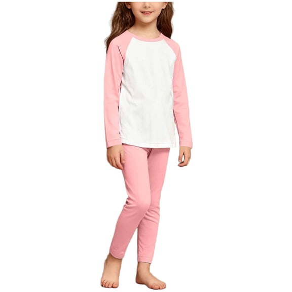 Fesfesfes Childrens Solid Color Print Round Neck Long Sleeve Elastic Waist Pants Set Big Kids Plus Size Warm Outfit Boys Girls Cozy Two Piece Set(Pink#1,3-4 Years)