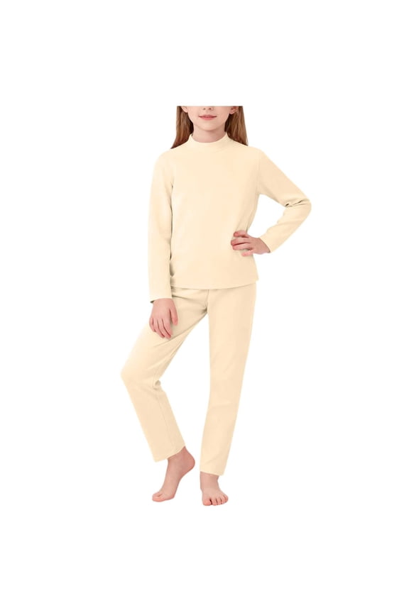 Childrens Solid Color Semi High Neck Long Sleeve Top Elastic Waist Pants Warm Flannel Home Suit Set Cozy Homewear for Toddlers and Kids Soft Casual Outfit Playwear(Beige,0-1 Years)