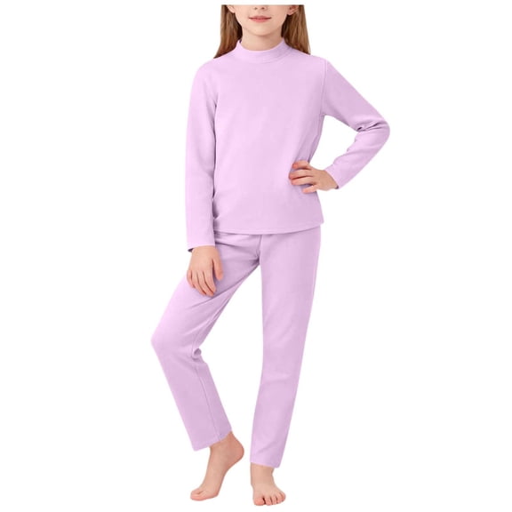 Fesfesfes Childrens Solid Color Semi High Neck Long Sleeve Top Elastic Waist Pants Warm Flannel Home Suit Set Cozy Homewear for Toddlers and Kids Soft Casual Outfit Playwear(Purple,0-1 Years)