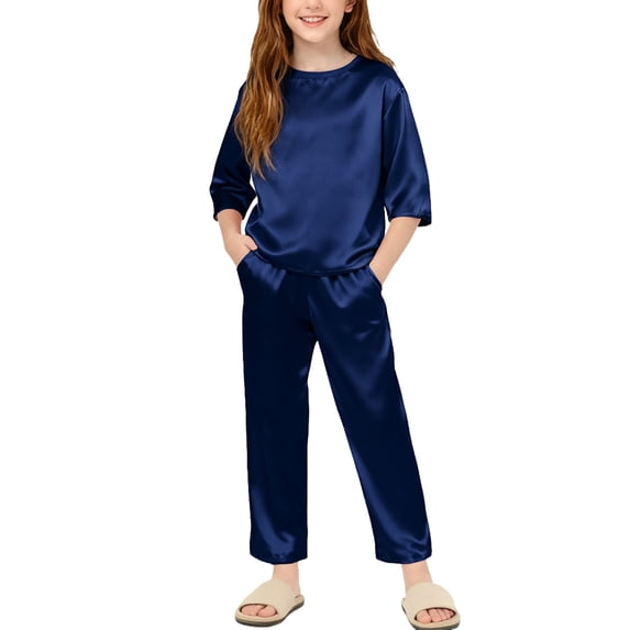 Fesfesfes Childrens Two Piece Clothes Set Long Sleeve Round Neck Top and Pants Soft Home Wear Homewear Outfit for Kids Boys Girls Spring Summer(Navy,11-12 Years)