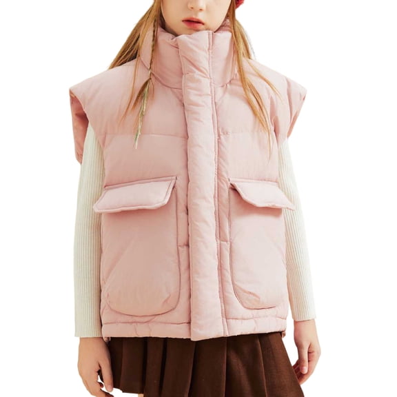 Fesfesfes Childrens Winter Lightweight Down Jacket for Warmth Stand Up Collar Sleeveless Coat for Boys and Girls Solid Color Puffer Gilet Casual Outerwear(Pink#2,10-11 Years)