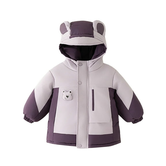 Fesfesfes Childrens Winter Quilted Hooded Jacket with Fleece Lining Warm Windproof Water Resistant Outdoor Parka for Boys and Girls Long Sleeve Casual Sports Tops(Purple,5-6 Years)
