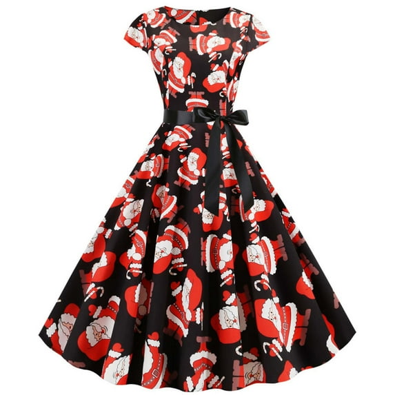 Fesfesfes Christmas Women Gowns Bandage Retro Print Short Sleeve Evening O-Neck Party Prom Vintage Dress