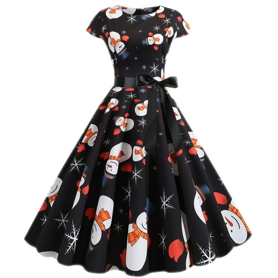 Fesfesfes Christmas Women Gowns Bandage Retro Print Short Sleeve Evening O-Neck Party Prom Vintage Dress Under $10