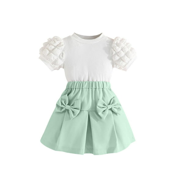 Fesfesfes 1-8 Years Toddler Kids Girls Solid Color Sweet Print Outfits Clothes Ruffle Short Sleeve T-Shirt Top Summer Skirt with Bow(Green,6 Years)