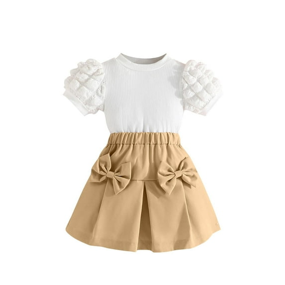 Fesfesfes 1-8 Years Toddler Kids Girls Solid Color Sweet Print Outfits Clothes Ruffle Short Sleeve T-Shirt Top Summer Skirt with Bow(Khaki,4 Years)